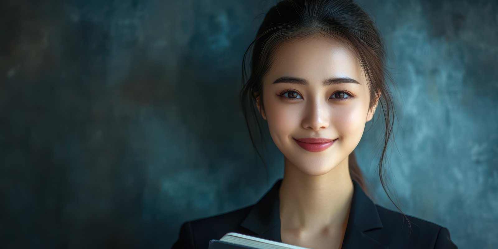 Professional young woman smiling while holding a book in a stylish indoor setting during daylight hours